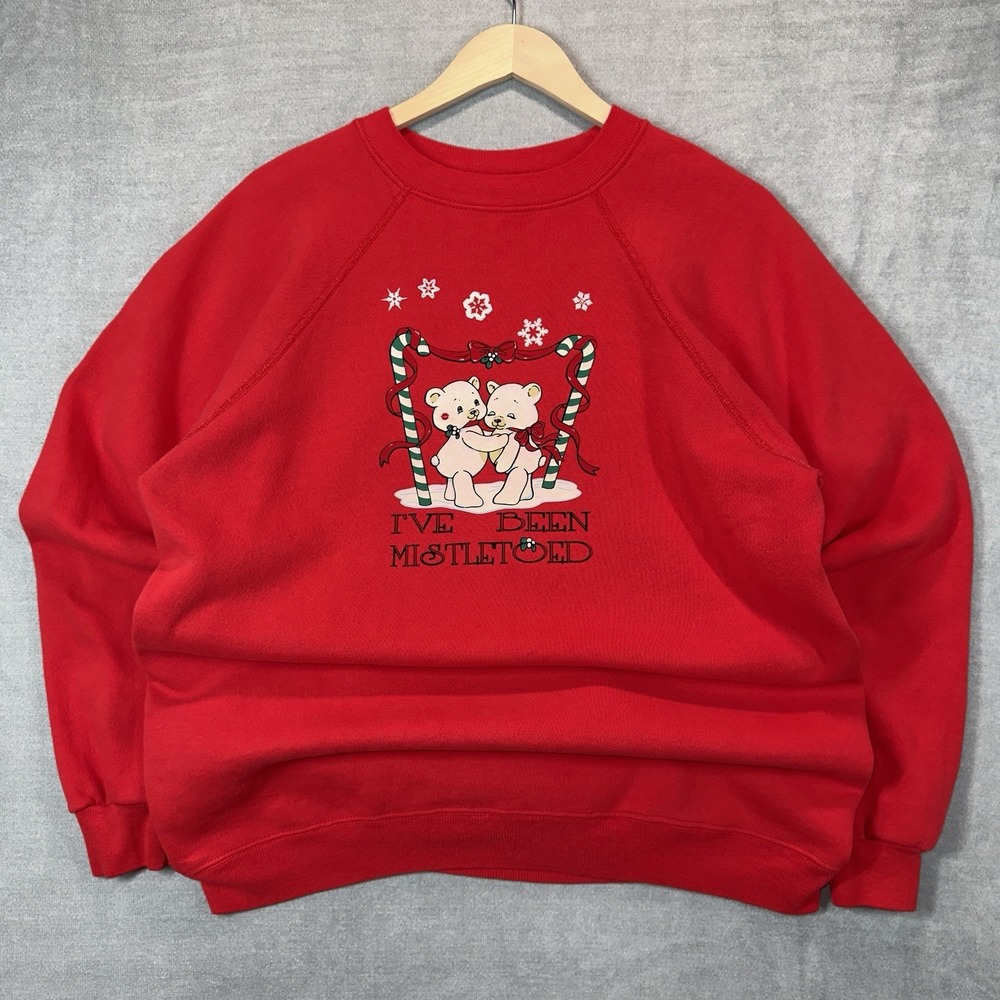 Vintage 80s 90s Red Ive Been Mistletoed Bear Sweatshirt Hanes Her Way XL USA